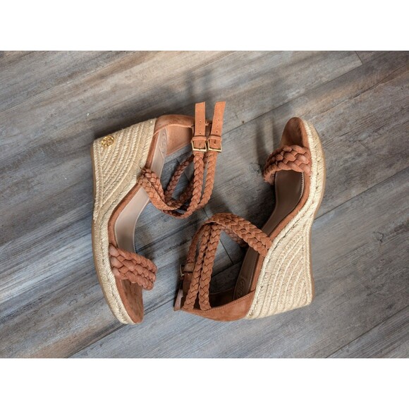 TORY BURCH Bailey Moss Brown Suede Braided Ankle Strap Wedges Size 11 - Picture 2 of 6